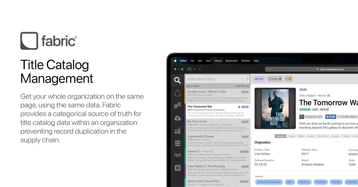 fabricdata's tweet photo. Get your whole organization on the same page with Fabric.
To learn more visit: https://t.co/BkrVBQ6sU3.
#fabricfeaturerundown #titlemanagement #catalogmanagement #entertainmenttech #saas #supplychain https://t.co/TwSLDW543u