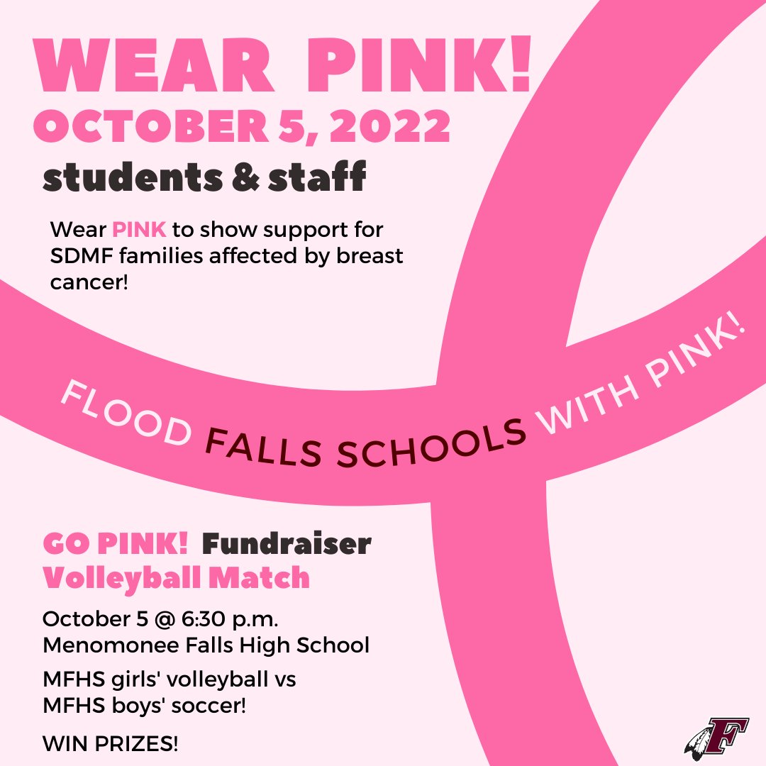 FallsSchools's tweet photo. On Wed., Oct. 5, 2022, @FallsSchools will flood the Falls with pink to support two district families battling breast cancer in the GO PINK volleyball match between @FallsHS girls' volleyball and MFHS boys' soccer! GO PINK will be held Oct. 5, 6:30 p.m. @FallsHS #FallsSchools https://t.co/a6onTd5ahU