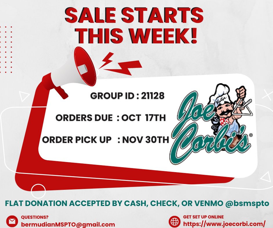 The Middle School Fall Fundraiser kicks off TODAY! Ask your middle schooler if they received their sales packet at school!
Get set up online to immediately reach out to friends and family via phone, email, OR social media! Get started at joecorbi.com