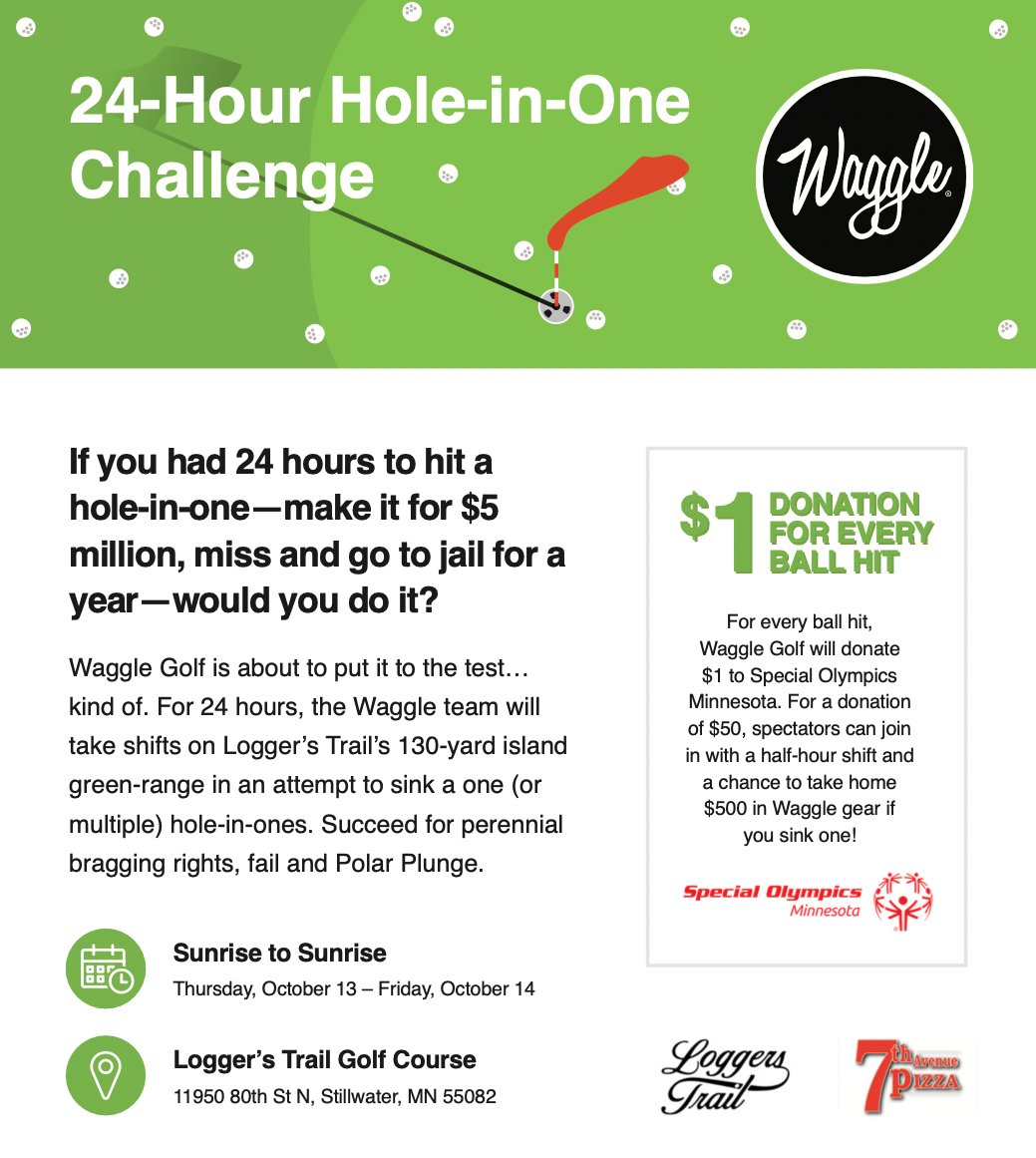 Ya'll didn't think we were crazy enough to do it...

Excited to announce the first ever 24-Hour Hole-In-One Challenge. October 13-14, sunrise to sunrise at <a href="/LoggersTrail/">LoggersTrail ⛳️🏌🏻‍♂️🏌🏽‍♀️</a>.

Get in on the action: getyourwaggleon.com/pages/hole-in-…