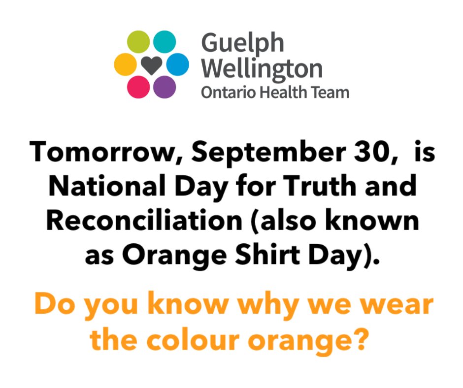 GW_OHT's tweet photo. Ahead of the 2nd National Day for Truth and Reconciliation tomorrow @GW_OHT encourages partners to wear orange to acknowledge the legacy of intergenerational trauma by residential “schools” and centre the experiences and healing journey of Survivors. https://t.co/i6x3Eov3gO