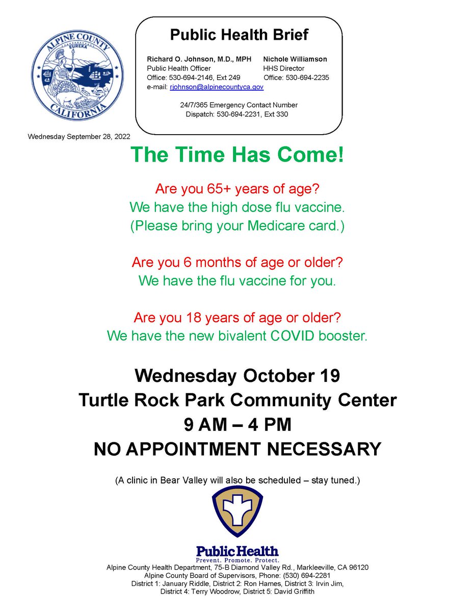 Mark your calendars, Alpiners!  COVID-19 boosters + Flu vaccine clinic @ Turtle Rock Park on Wednesday 10/19 from 9am-4pm. No appointment required.