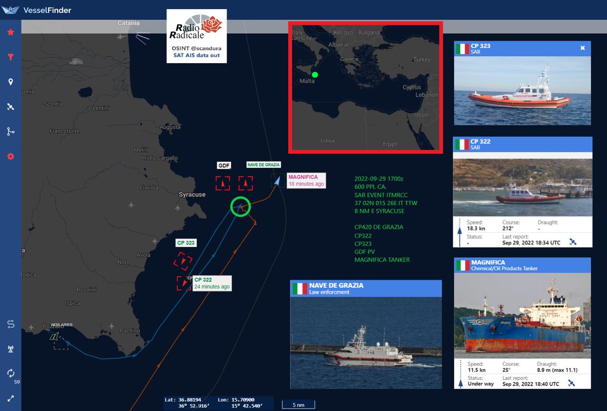 scandura's tweet photo. 📍 #MarIonio Operazione SAR🌙 Guardia Costiera.
🔴 600 Persone ca. soccorse a 8 miglia est di #Siracusa
Assetti:
🚢#CP420 #DeGrazia⚓️🇮🇹
300 POS #Messina
🚢#CP323⚓️🇮🇹
113 POS #Portopalo
🚢#CP322⚓️🇮🇹
90 POS #Pozzallo
🚢#GDF #PV 🇮🇹
99 POS #Catania
🚢#Magnifica tanker🇲🇹
✏️⏳🔢🧵 https://t.co/S6d1S8PXAC