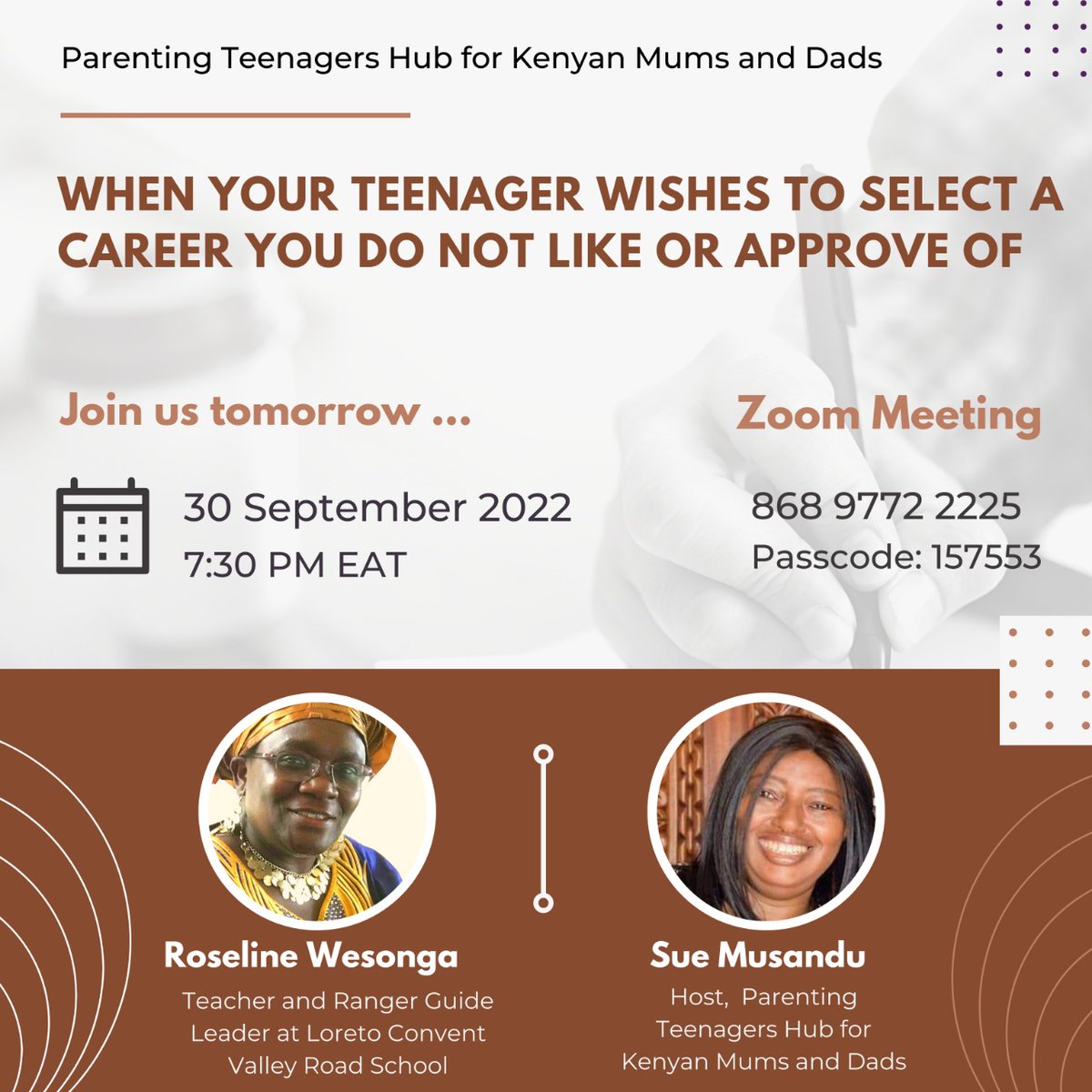 SMusandu's tweet photo. This last Friday of September 2022, the Parenting Teenagers Hub for Kenyan Mums and Dads welcomes you to this very interesting conversation. Looking forward to interacting with you. https://t.co/bguub8Jfs5