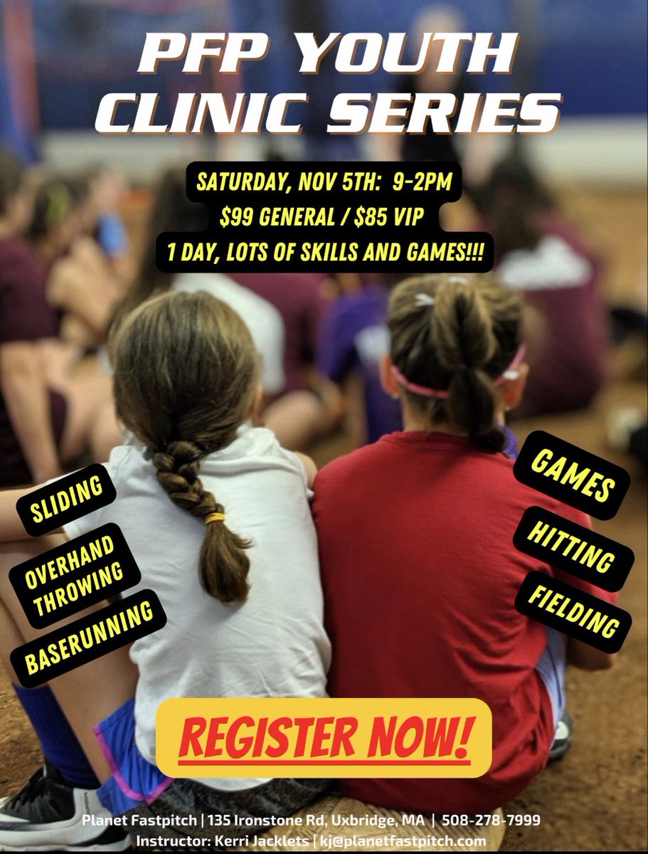 planetfastpitch's tweet photo. Bring in the 🍁fall 🍂w/some 🥎
Youth Clinic
📅 Sat, Nov 5
🕘9a-2p
⭐️8-12yo
📍Uxbridge, Ma https://t.co/YpOYyVHoLy
@usasoftballri @usasoftballma @raiderssbma @PolarCrush @CentralThunder @KPPrideSoftball @LittleLeague @k_jacklets
#fastpitch #softball
#risoftball #masoftball https://t.co/DmqzSLc6Wm