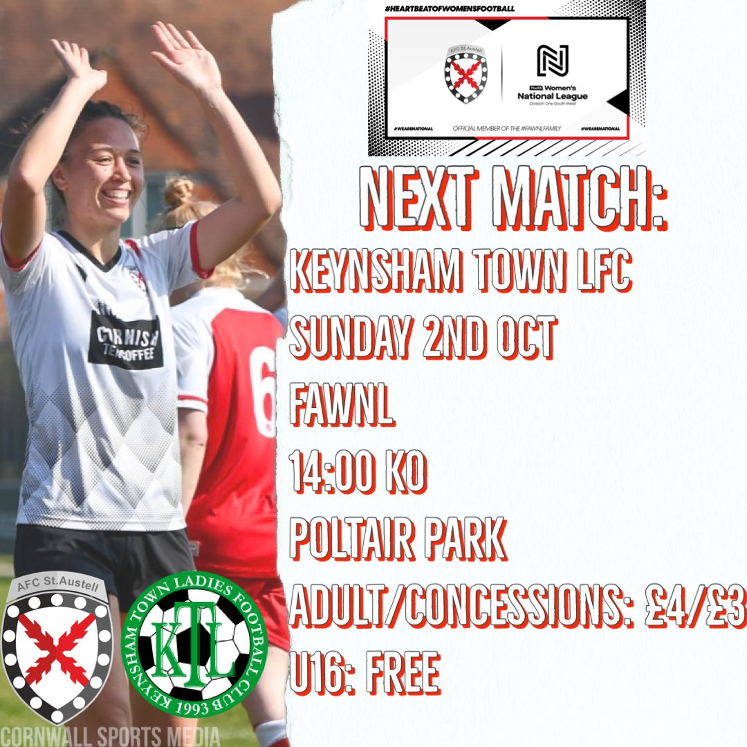 We return to <a href="/FAWNL/">FA Women's National League</a> action this weekend against <a href="/_KTLFC/">Keynsham Town LFC</a> 

<a href="/StBYouthFC/">AFC St Blazey Youth</a> U11 girls will be joining us as mascots. 😍🥹🥹

Come and cheer us on. 👊

<a href="/ImpetusFootball/">Impetus</a> 
<a href="/swsportsnews/">South West Sports News</a> 
<a href="/sportscornwall/">Cornwall Sports Media</a>