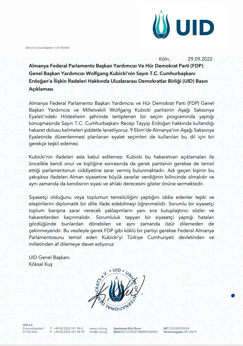 U_I_D's tweet photo. Alman siyasetçi FDP'li Wolfgang #Kubicki’nin  Cumhurbaşkanı Sn.Erdoğan'a karşı siyasi ahlâka ve nezakete uymayan ifadelerine tepki olarak
Genel Başkanımız Sayın @KoksalKus1 yöneticiler ve vatandaşlarımızınla Genel merkezimizde ortak Basın toplantısı düzenledi.
@ademtaflan55
#UlD https://t.co/UkA1xjG505