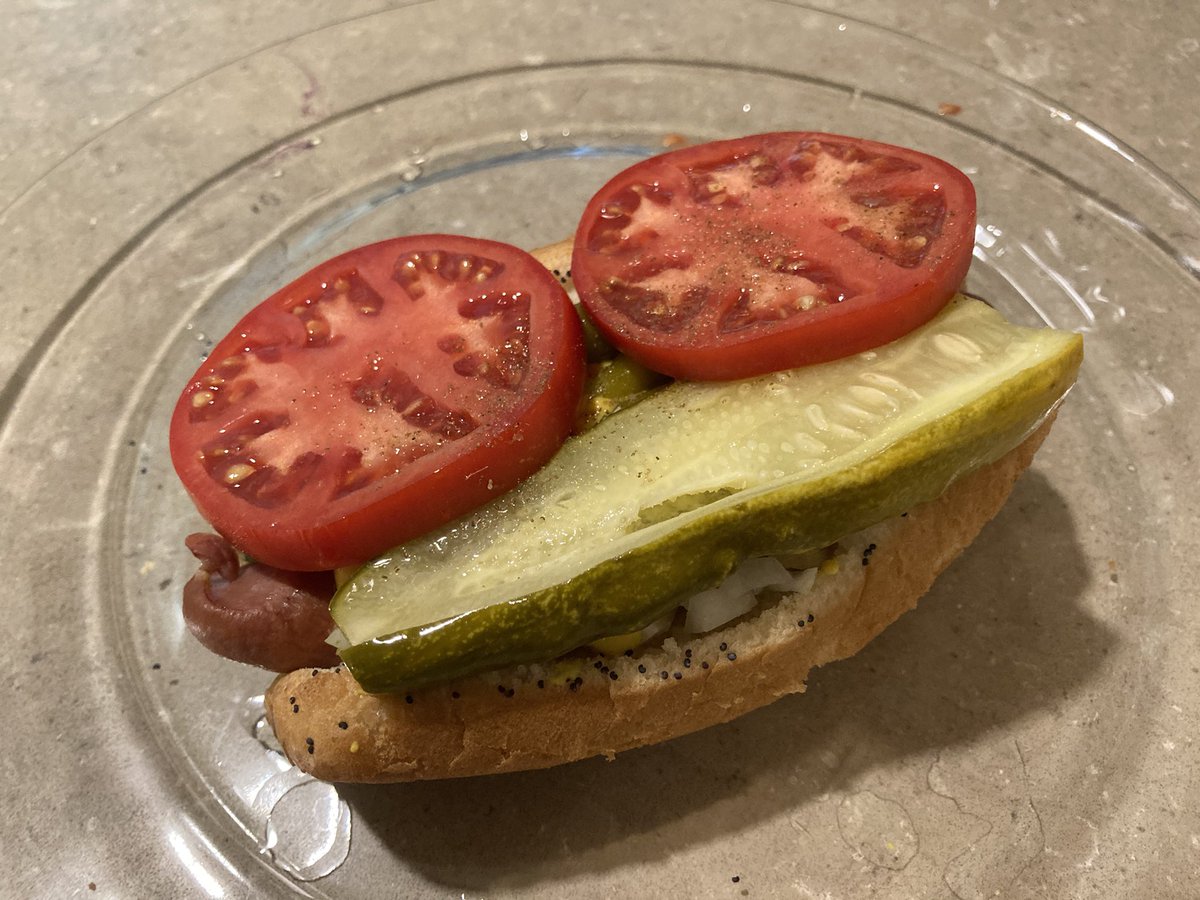 johnarthurbush's tweet photo. Ok, I gotta say I am proud of my hot dog game lately. Homegrown tomatoes…homegrown onions…homemade pickle…Vienna Beef dog, poppyseed bun, plus all the other required fixings courtesy of @EdwardsMeats https://t.co/N85m2XaO1y