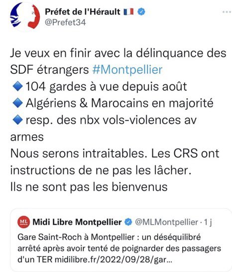 C’est dommage d’avoir supprimé ce tweet, <a href="/Prefet34/">Préfète de l'Hérault 🇫🇷</a>. Au moins, la politique de l’État y était clairement exprimée.

Par ailleurs, vu les nombreux signalements pour violences policières, notamment à Montpellier, on sait ce que « intraitables » et « ne pas les lâcher » veulent dire.