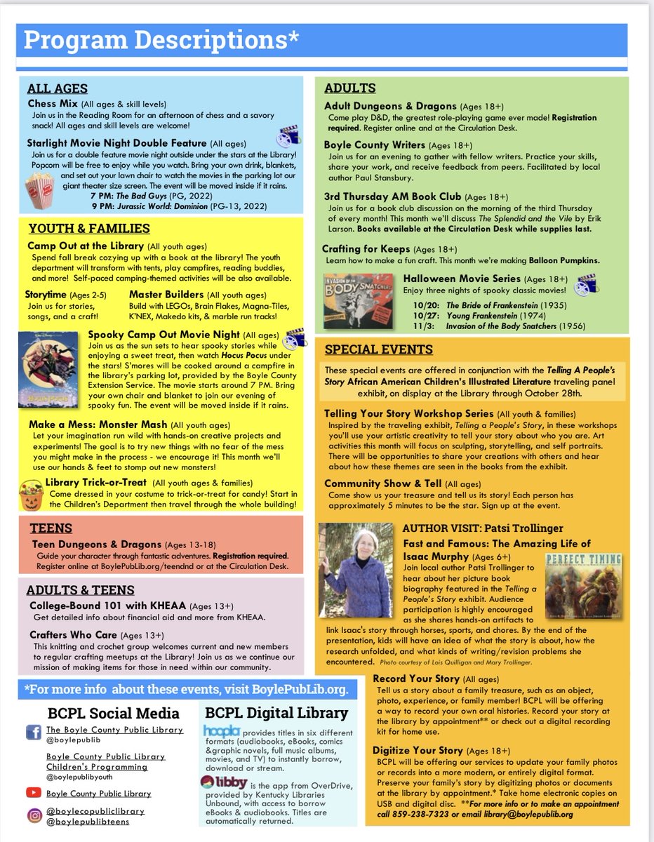 Need something to do over fall break? Check out what our Boyle County Public Library has to offer for the month of October!