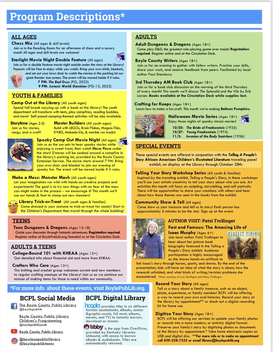 EdnaLToliver's tweet photo. Need something to do over fall break? Check out what our Boyle County Public Library has to offer for the month of October! https://t.co/ITkCoXawT3