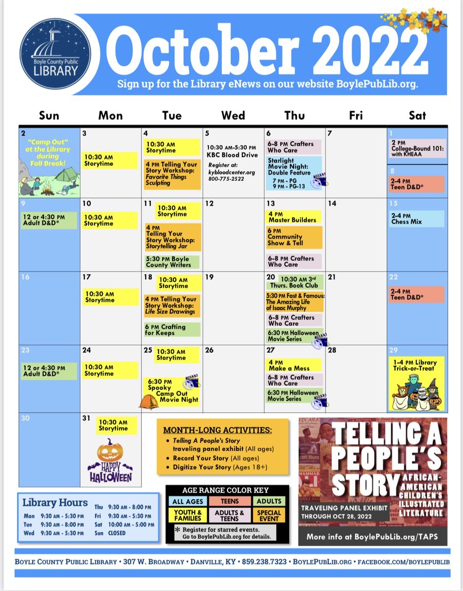 EdnaLToliver's tweet photo. Need something to do over fall break? Check out what our Boyle County Public Library has to offer for the month of October! https://t.co/ITkCoXawT3