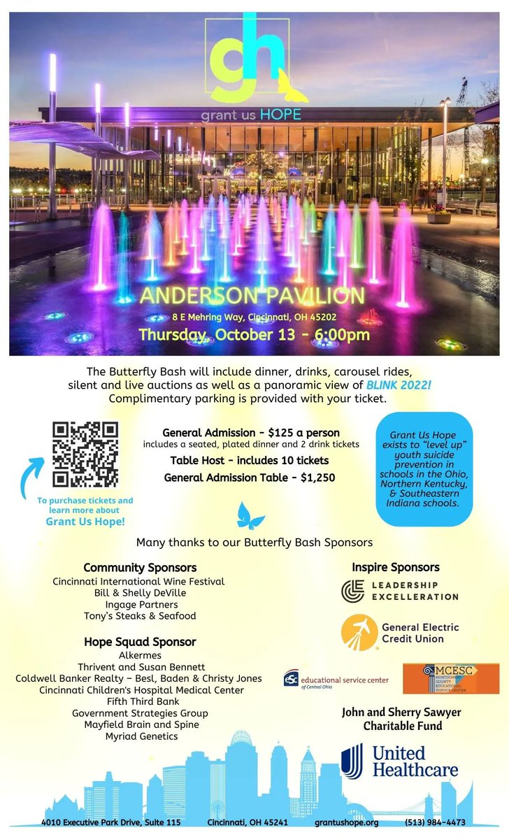 We are excited to extend an invitation to this year’s Butterfly Bash. Please register using this link as soon as possible. buff.ly/3UMPPQ3  
#GrantUsHope
#ButterflyBash2022
#HopeSquad
#Cincinnati
#MentalHealth
#SuicidePrevention