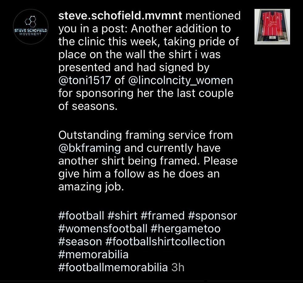 bkframing's tweet photo. Great to get such great feedback! 👍
@bkframing on Instagram & Twitter
Another piece collected & displayed by my latest satisfied customer @MvmntTherapist .
Service includes mounting,framing & personalised plaque.
Contact for free quote
#bkframing #framedshirts #idealgift https://t.co/FWLUhpNVZY