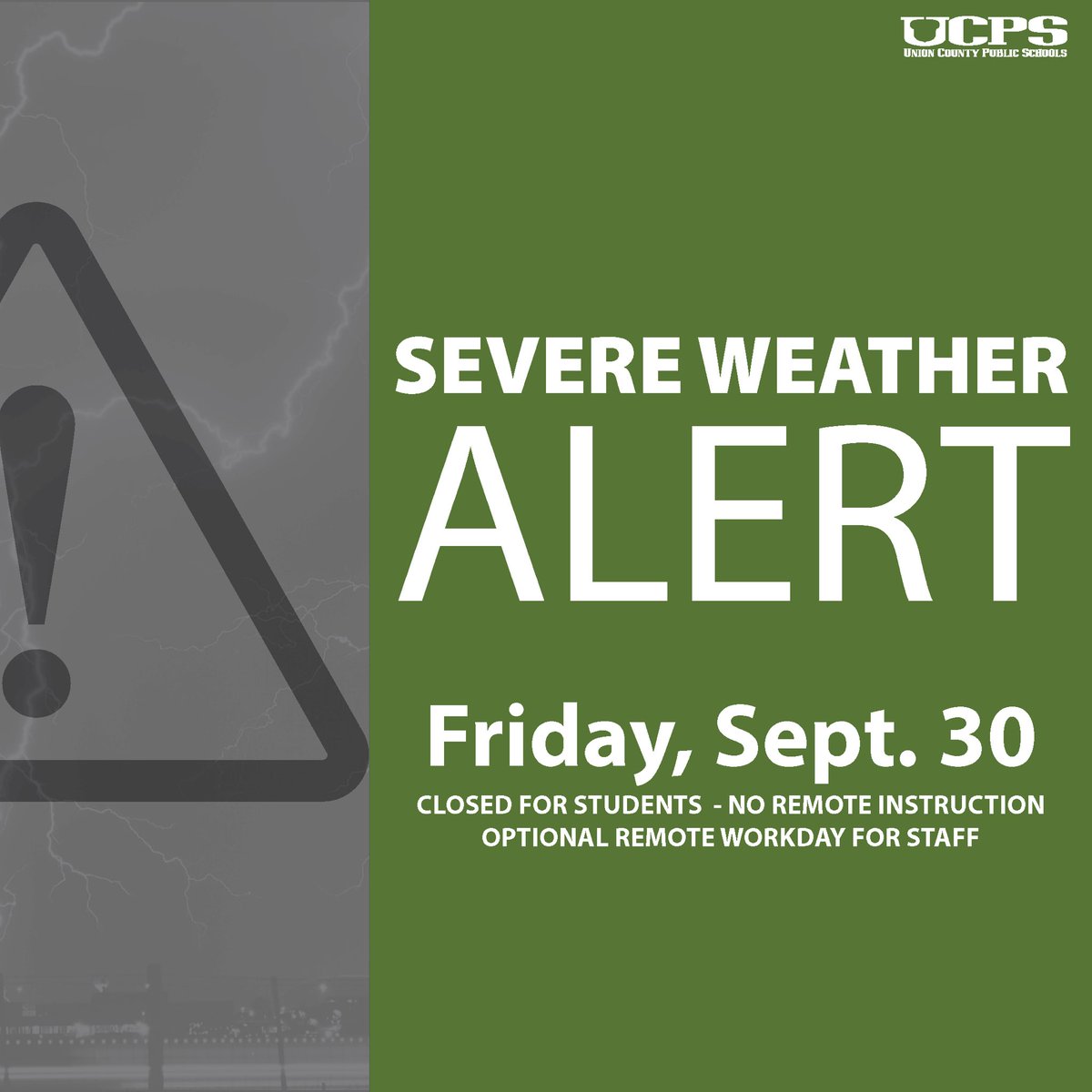 All <a href="/UCPSNC/">Union County Public Schools</a> schools and offices will be closed tomorrow, Friday, September 30, 2022 due to the potential impact of #Ian. Tomorrow will not be a remote learning day for students but will be an optional remote work day for staff. Please stay safe #TeamUCPS!