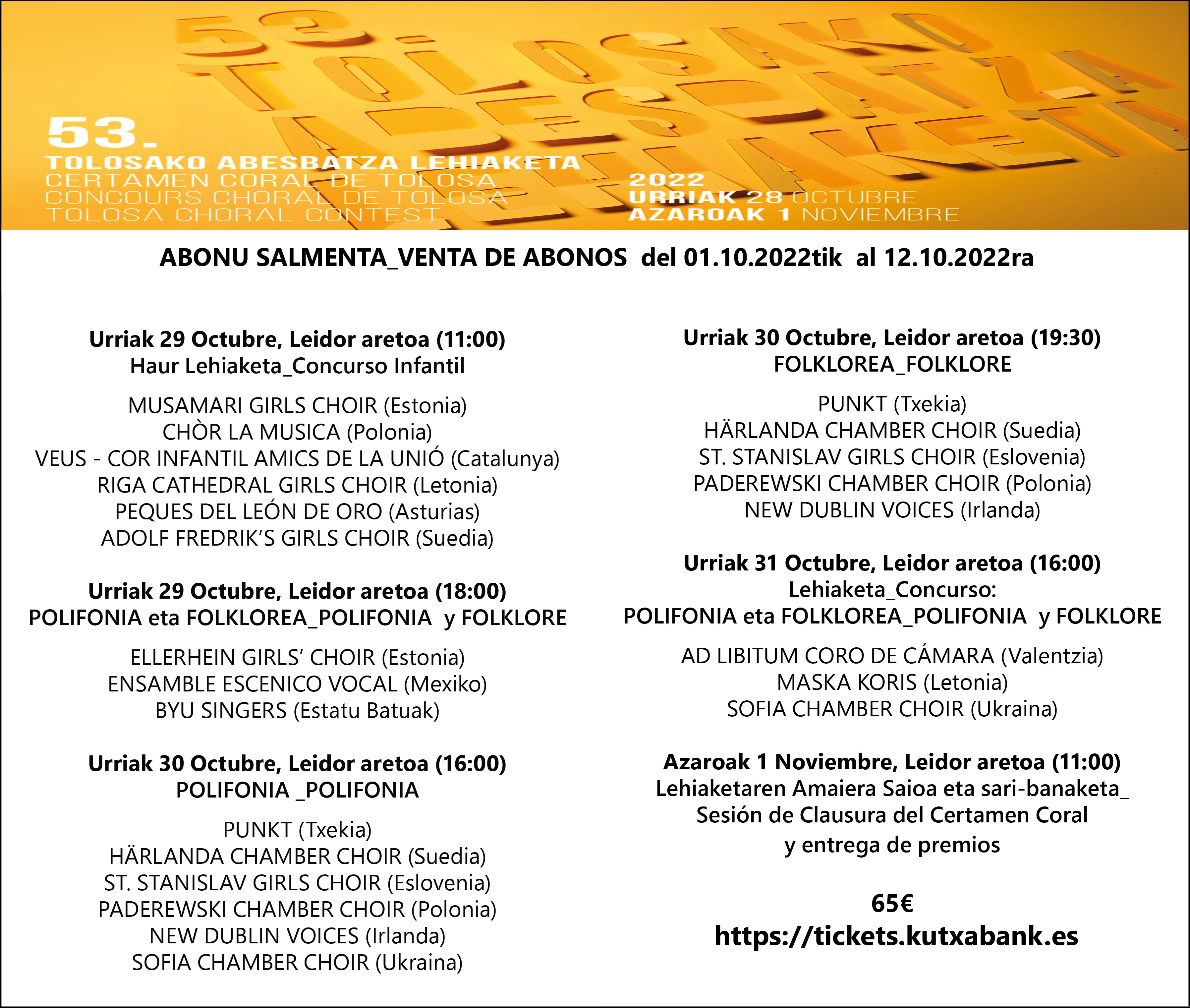 TolosaChoralContest on Twitter "[CAS] Tickets on sale from October 1st