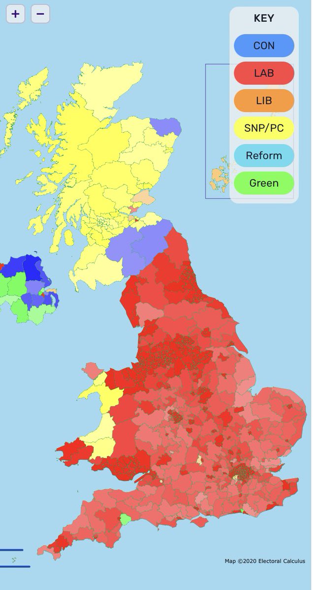 Here's what the UK's new electoral map would look like if tonight's YouGov poll were repeated at a general election.