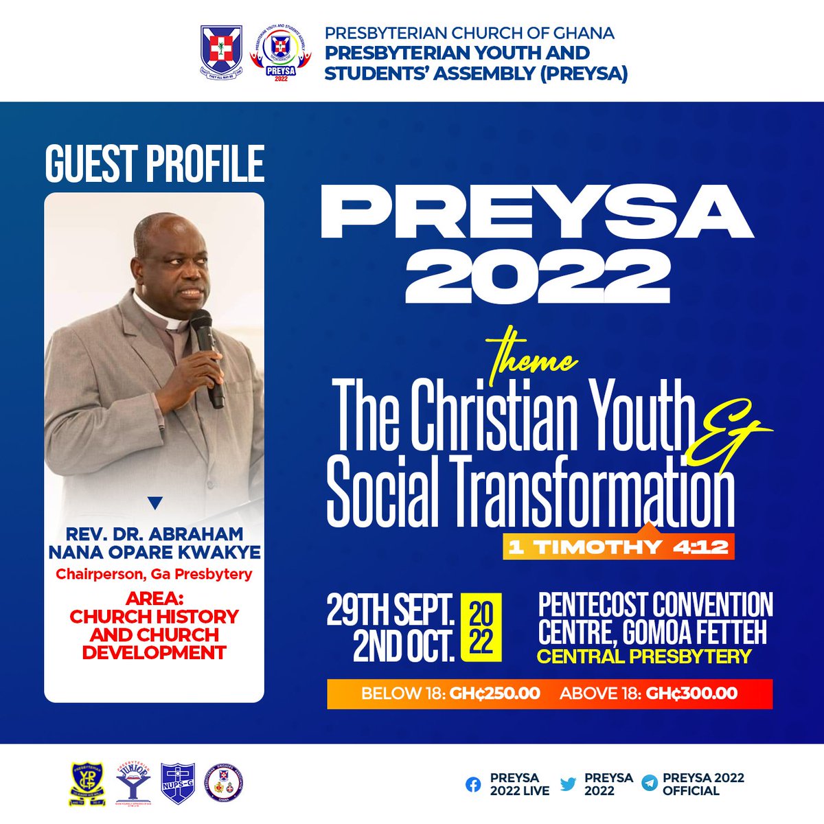preysa2022's tweet image. "Learn to keep documents."

~Rev. Dr. Abraham Nana Opare Kwakye speaking on the theme "The Presbyterian Heritage: History, Doctrines and Value."

#PREYSA2022
#InspiredToTransform