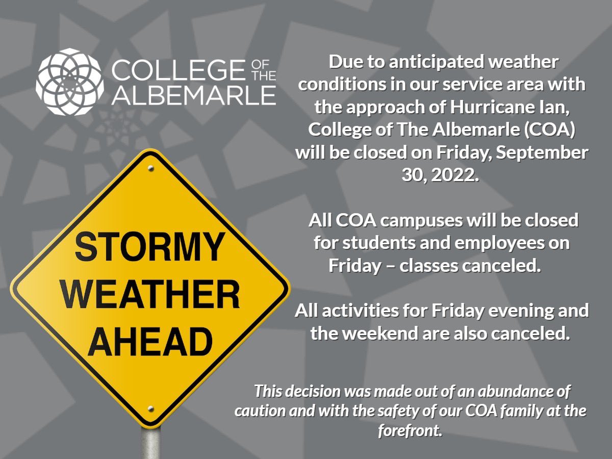 Closing announcements (for Friday, September 30) from both Currituck County Schools &amp; College of the Albemarle are attached to this post. Please stay safe. #jpkspartans #spartanfamily #coa #currituckk12
