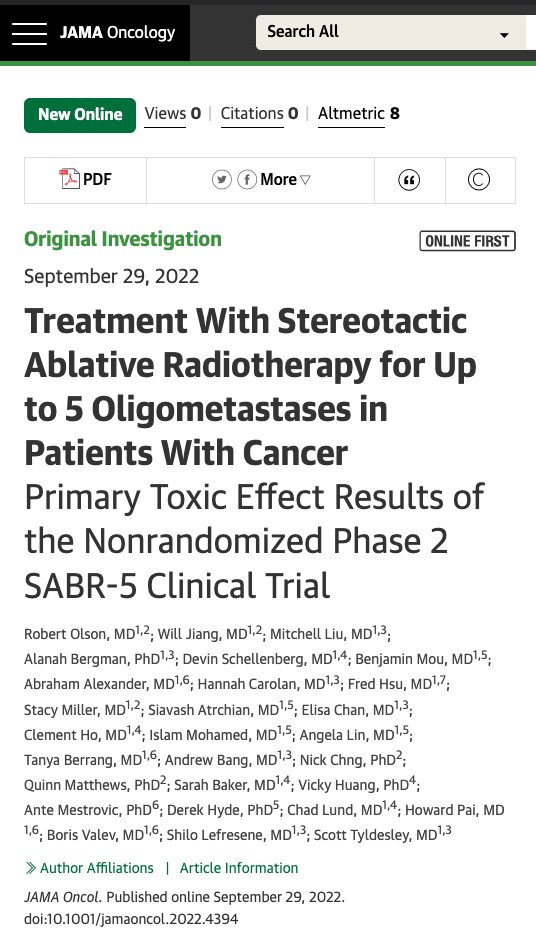 DrYukselUrun's tweet photo. ☢️Treatment With Stereotactic Ablative Radiotherapy (SABR) for Up to 5 Oligometastases in Patients With Cancer has acceptable rates of toxic effects (≥G3 AEs less than 5%)
@DrOlsonOncology @JAMAOnc @OncoAlert @BCCancer @subatomicdoc @UBCmedicine @ASCO 
https://t.co/nXSWfP8EcI https://t.co/NdX2a3JXxi