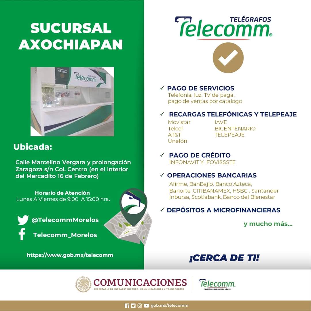FinabienMorelos's tweet photo. Sucursal Axochiapan
Ubicada: Calle Marcelino Vergara y Prolongación Zaragoza s/n Col. Centro (en el Interior del Mercadito 16 de Febrero) de Lunes a Viernes de 9:00 a 15:00 horas.
#TelecommMorelos
#TelwcommTuMejorOpcion
#TELECOMM https://t.co/N36M2mW3Y6