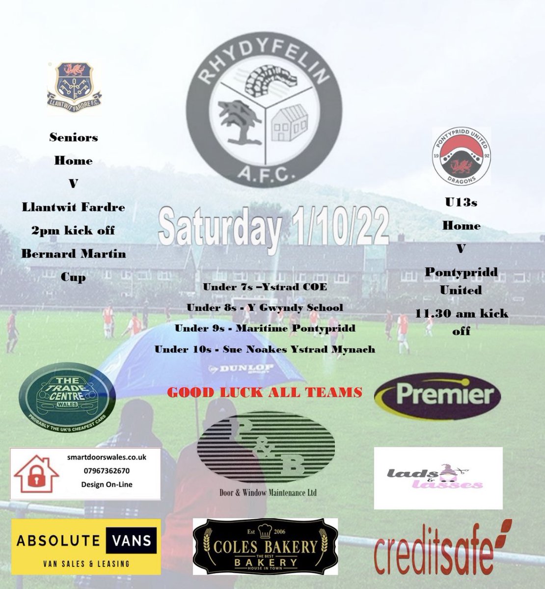 ⚽️🔴⚪️ Saturday Fixtures ⚪️🔴⚽️
This Saturday sees 2 home games with the seniors taking on Llantwit Fardre reserves in the Bernard Martin cup and the Under 13’s playing Pontypridd United, both at the Dog Track. 
Refreshments and food from 11 🍔 
Bar open from 1pm 🍻 

🔴⚪️🔴⚪️🔴