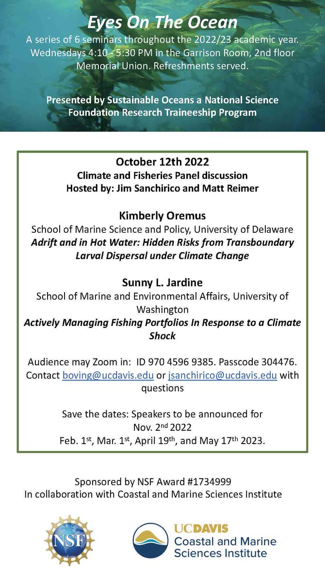 OceansNRT's tweet photo. We're excited to present our Eyes On The Ocean seminar series - first up with invited speakers Sunny Jardine and Kimberly Oremus October 12th on the UC Davis campus. Audience may zoom in. https://t.co/ne4Nr2YQsN