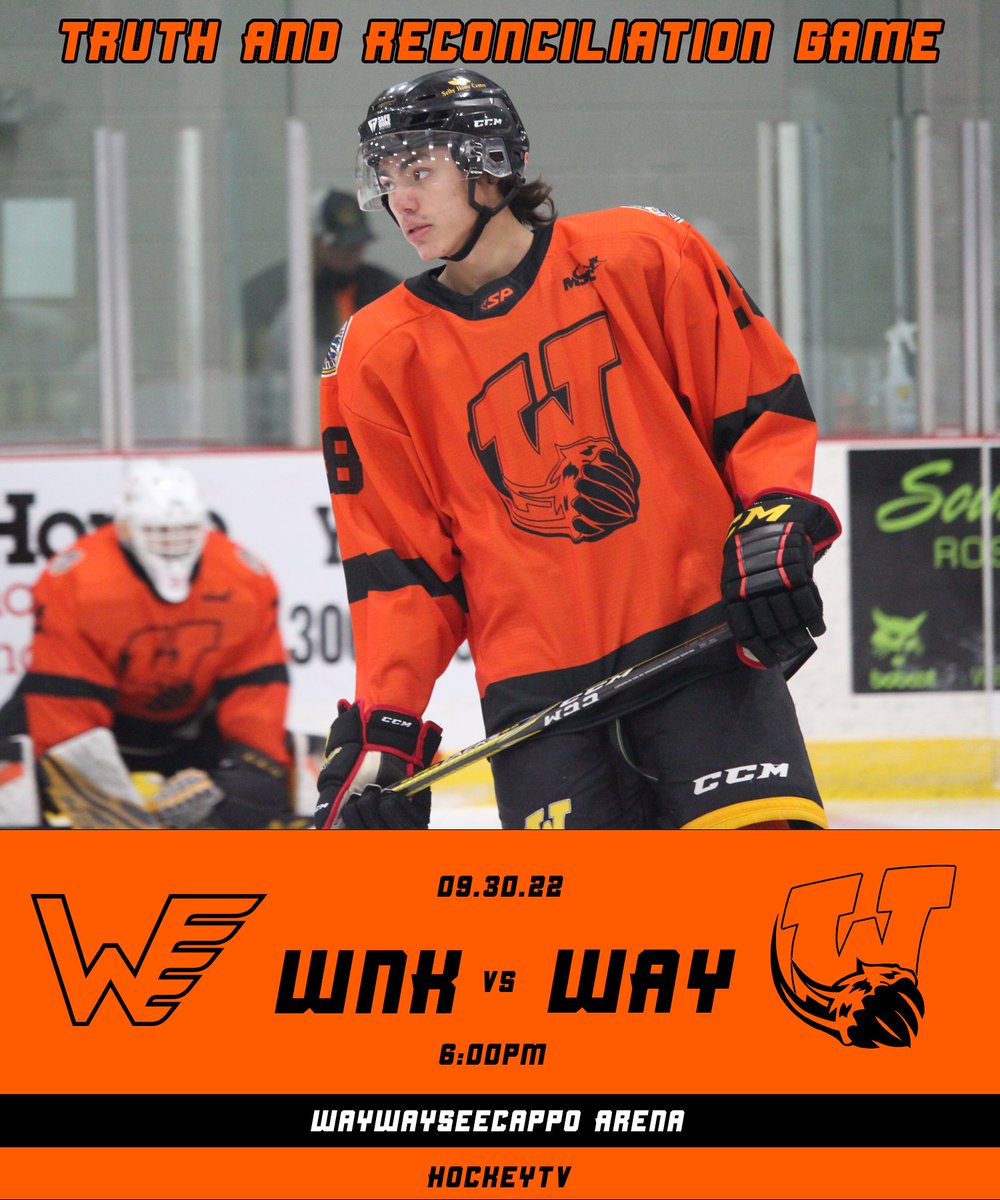 mjhlWolverines's tweet photo. Today is our annual Truth and Reconciliation Game as we take on the Winkler Flyers. 

We will be wearing orange, and if you wear orange to tonight's game, you get in for free! https://t.co/l2q1bwk2hM
