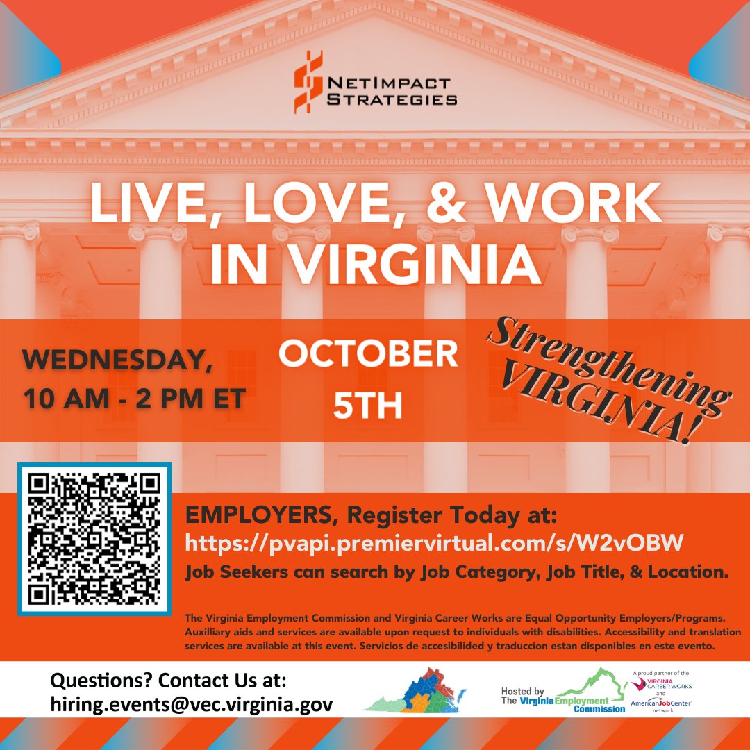 _NetImpact's tweet photo. As a #militaryfriendly org, NetImpact Strategies maintains a long-standing commitment to #recruiting & #supporting our #formermilitary. Join us on October 5th for a #virtualhiringevent for ALL of #Virginia, hosted by @vaemploy. Learn about the #careeropportunities at NetImpact! https://t.co/ufrCVUeUBe