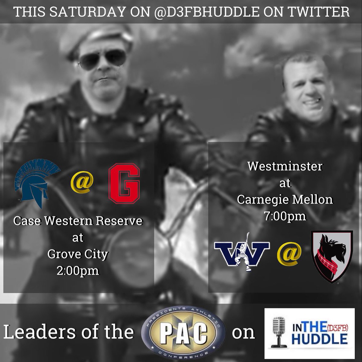 Here’s our @D3FBHuddle Saturday coverage — it’s “Leaders of the PAC” Day, as some of the top @PAC_Athletics #d3fb teams face off to shape the conference. @CWRUFootball at @GCC_FB - 2pm ET @WCtitansFB at @TartanFB - 7pm ET I’ll provide video highlights & interviews all weekend!