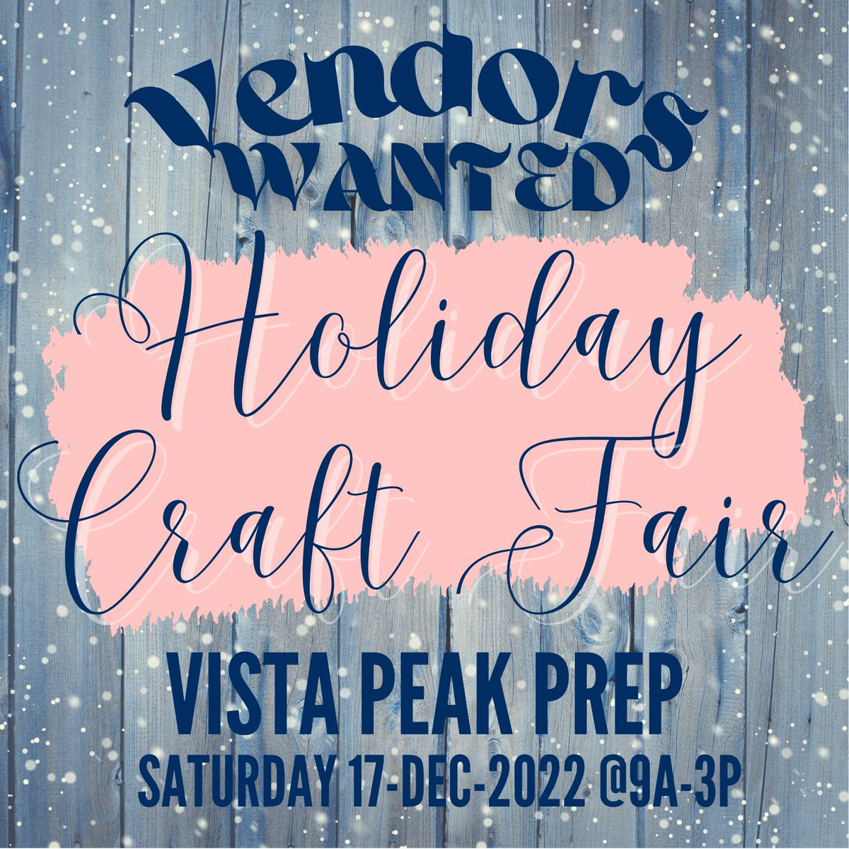 Vista PEAK Prep Cheer (@vistapeakcheer1) on Twitter photo VENDORS WANTED for Vista PEAK Prep's 7th Annual Holiday Craft Fair in December!
Email Poms Coach Weaver to reserve your space now at maweaver@aurorak12.org.
Booth spaces begin at $80 w/ discounts and premium upgrades available. VENDORS WANTED for Vista PEAK Prep's 7th Annual Holiday Craft Fair in December!
Email Poms Coach Weaver to reserve your space now at maweaver@aurorak12.org.
Booth spaces begin at $80 w/ discounts and premium upgrades available.