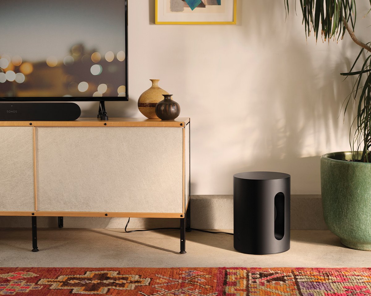 Sonos's tweet image. Boom without the box. Sub Mini&apos;s unique cylindrical design looks at home in your home, hiding in plain sight or under furniture. Preorder yours now: sonos.com/shop/sub-mini