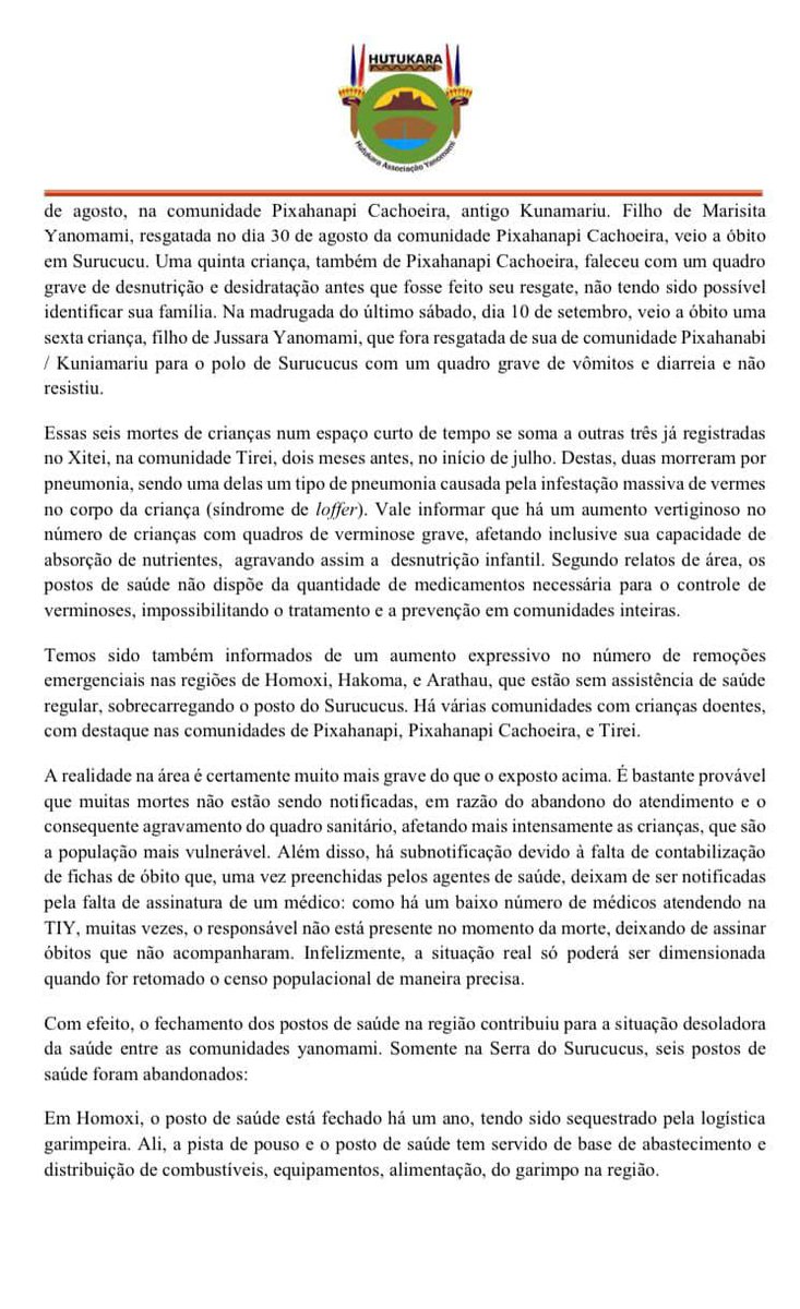 socioambiental's tweet photo. #AlertaYanomami! 🚨🆘 Em ofício encaminhado às autoridades, o povo Yanomami denuncia a morte de nove crianças indígenas desde o mês julho, todas causadas por doenças de simples tratamento. Saiba mais: https://t.co/XJUJbPf92J https://t.co/q53tHcD6ND