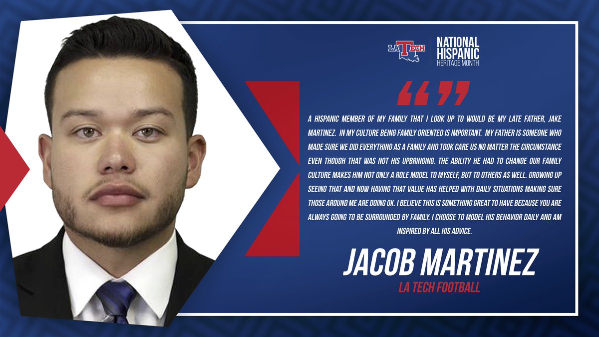 LATechSports's tweet photo. It is National Hispanic Heritage Month and we are celebrating members of our Tech family and their heritage.

Meet Jacob Martinez, Director of Football Operations. He is inspired by his late father, Jake Martinez. 

#EverLoyalBe x #HispanicHeritageMonth https://t.co/iSykSBlAHp