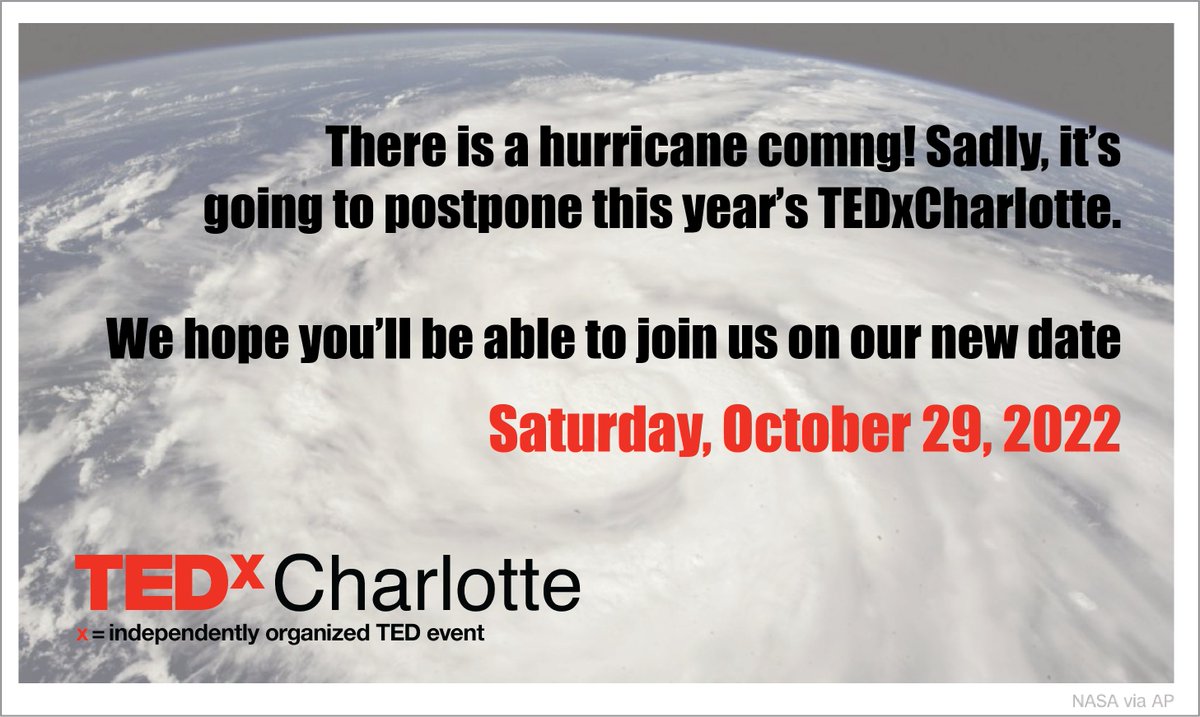 We are sad to have to postpone tomorrow's event. Unfortunately, Hurrican Ian has other plans.