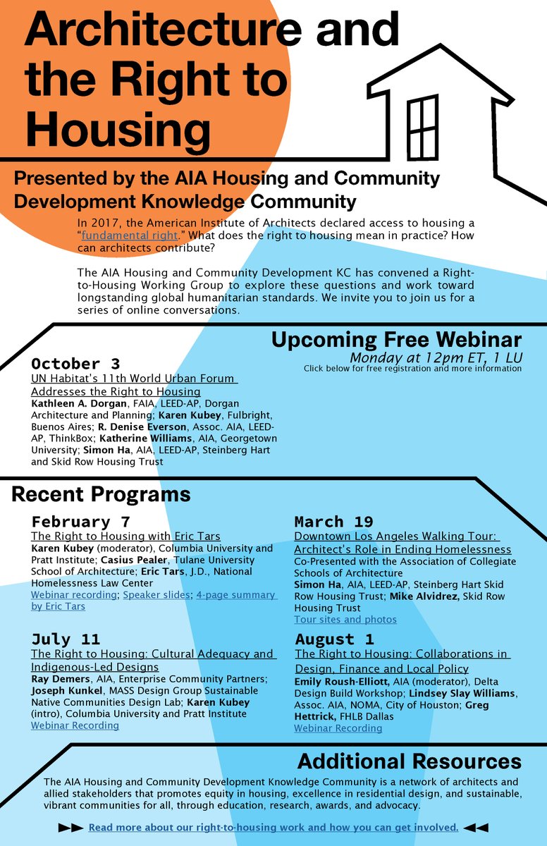 Join us online, Monday, 10/3, 12pm ET for "UN Habitat's World Urban Forum Addresses the Right to Housing"

W/ Kathy Dorgan, R. Denise Everson, Simon Ha, Karen Kubey, &amp; Katherine Williams

Register for free (1LU): bit.ly/AIAHCD_RightTo…

#WUF11