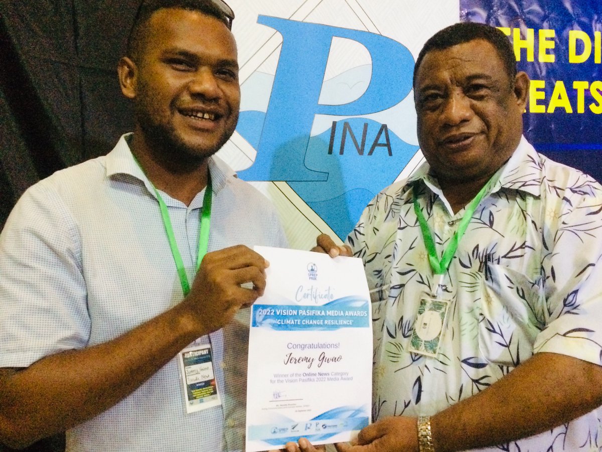 regilepping's tweet photo. Congratulations to Solomon Islands very own Climate Tracker Journalist @JeremyGwao on winning 2022 #VisionPasifikaMediaAward at the closing of the @PacIsNewsAssn Media Summit in Honiara last night. pic: Jeremy (left)&Mr Kora Nou the PINA President. #PMS22 https://t.co/aiu9XivLdC
