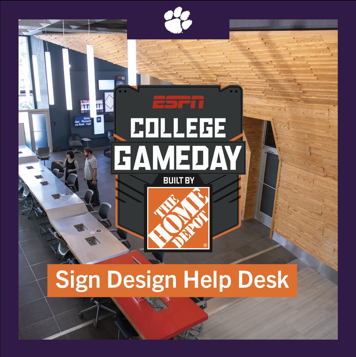 ClemsonUniv's tweet photo. Hey, Tigers! Need help designing and printing a sign for @CollegeGameDay? 

Visit the GameDay Sign Design Help Desk this Friday, September 30. 

Cooper Library, Adobe Digital Studio

11 a.m.-1 p.m.

Graphic comm &amp; art students will be available to help bring your ideas to life! https://t.co/bLR3SdpnOC