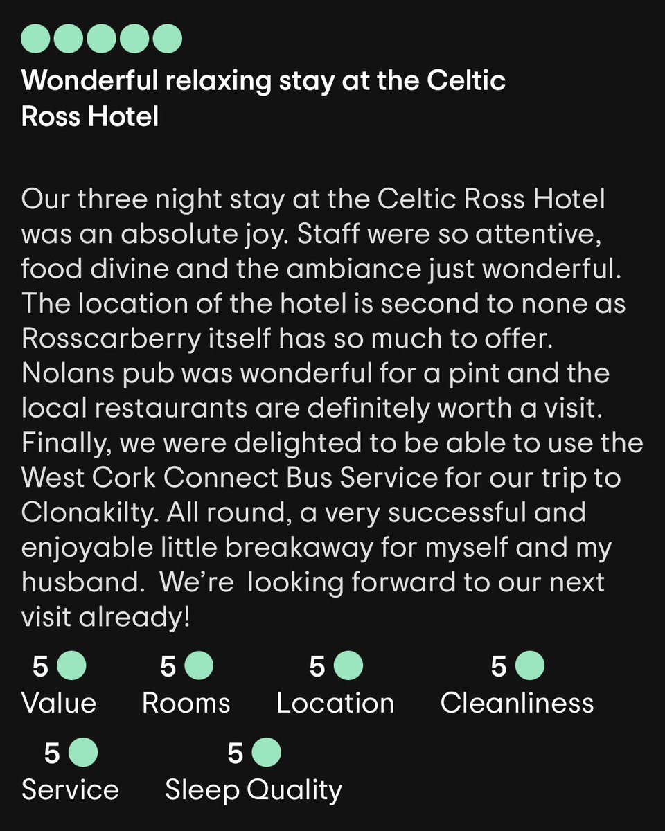 Delighted with this review <a href="/CelticRossHotel/">Celtic Ross Hotel</a> - not alone do our incredible team get lovely mentions, Restaurants &amp; Pubs of <a href="/RossWestCork/">rosscarbery.ie</a> get a lovely shout &amp; even <a href="/Wcorkconnect/">West Cork Connect</a> features! West Cork Connect has truly enhanced the visitor experience in the area. #WestCork #teamwork