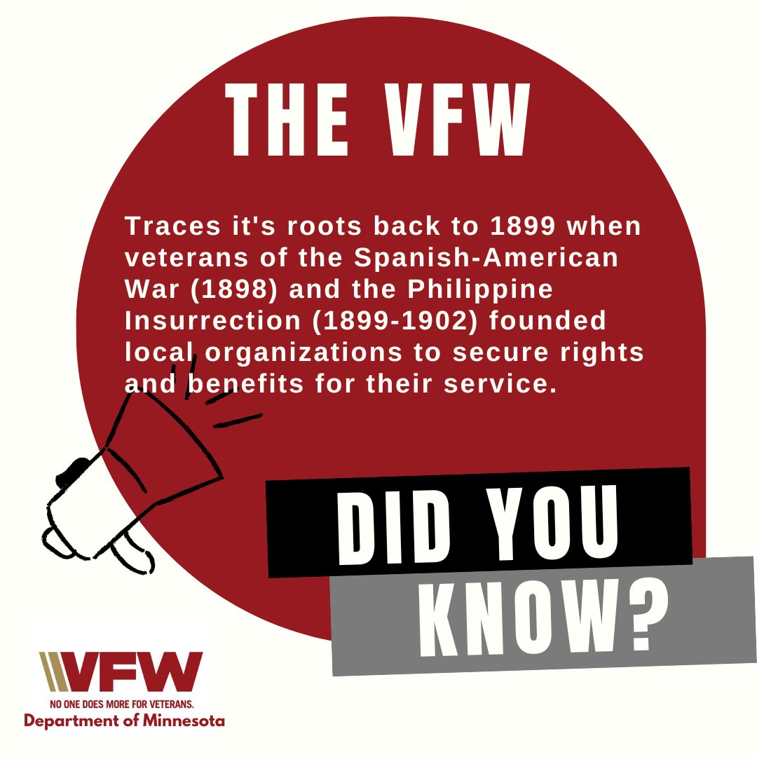 mnvfw's tweet photo. Established on this date in 1899, a group of 13 veterans from Spanish-America war and Philippine Insurrection joined together to form what would become the nation’s largest and most dedicated group of combat veterans. 
#VFW #VFWMN #StillServing #VeteranSupport https://t.co/jL7Emn5Y24