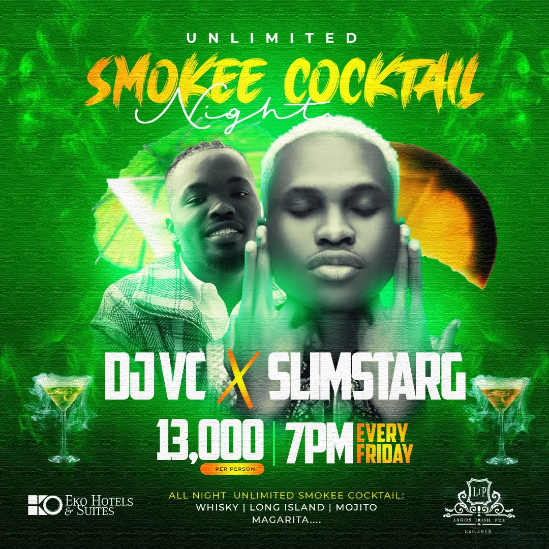 EkoHotels's tweet photo. There’s no better place to spend Friday nights than at Lagos Irish Pub. Join us for an exciting Friday night with @dj_vcee and @slimstarg. We are offering unlimited smoke cocktails all for 13k all night!
#lagosirishpub #LIP #pubsinlagos #barsinlagos #afterworkdrinks https://t.co/z8o3OS2JL1