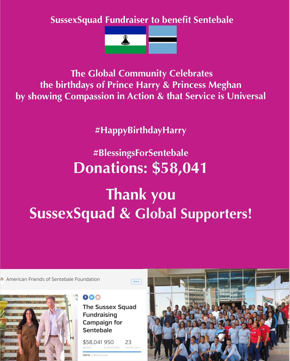 SussexEvent's tweet photo. Great Job #SussexSquad & Global Supporters
Our current Total is at $58k! HUGE THANK YOU!
In 23 hours this fundraiser will end. This is the final stretch! Can we make it to $60k? #BlessingsforSentebale
#PrinceHarryandMeghan #ServiceIsUniversal
Link: https://t.co/khgHzwm3tQ https://t.co/FQhnTgrqTW