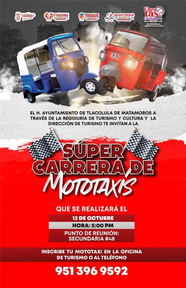 HeliodoroMorga's tweet photo. En sus marcas, listos 🛺 💨 nos vemos en la carrera de mototaxis el próximo 12 de octubre a las 5 pm, afuera de la Secundaria #48 

 ¡Vive las fiestas de octubre en honor al Señor de Tlacolula ♥️! https://t.co/oStx84NE4Q