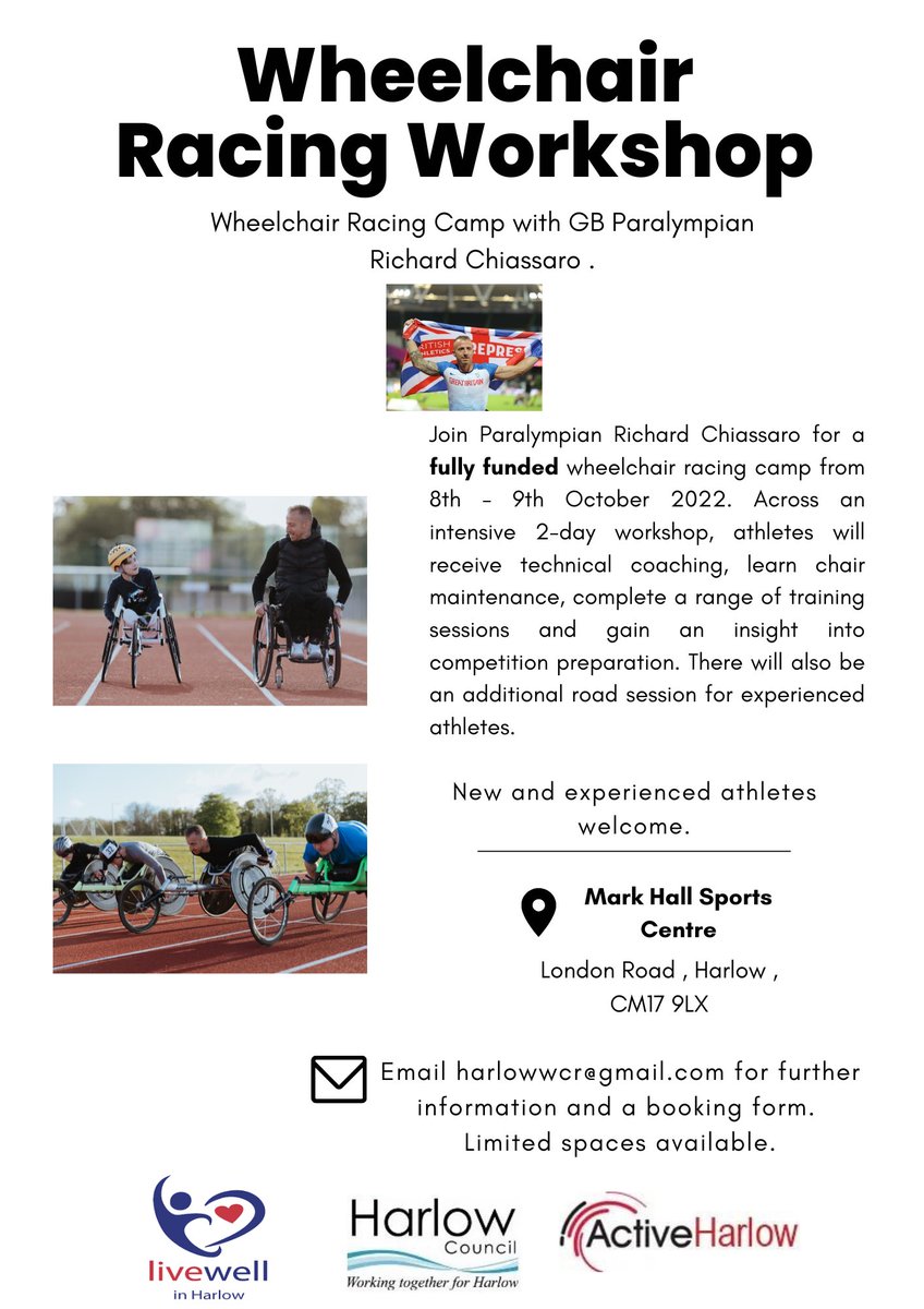 HarlowWR's tweet photo. Great to be able to host this workshop @MarkHallSports  with @richchiassaro . 📧 harlowwcr@gmail.com #paralympicdevelopment #pathwaysport #wheelchairracing #harlowwcr https://t.co/5iU8aU81Fi