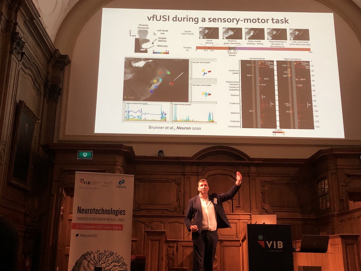AOlivferreira's tweet photo. #Neurotech22 Day 3, @__NERF PI Alan Urban @fUSI_brain_imag walked us through the R&D of functional ultrasound imaging technology - fUSI.
There is a bright future for brain-wide volumetric imaging! #VIB https://t.co/xB8ABdo1II
