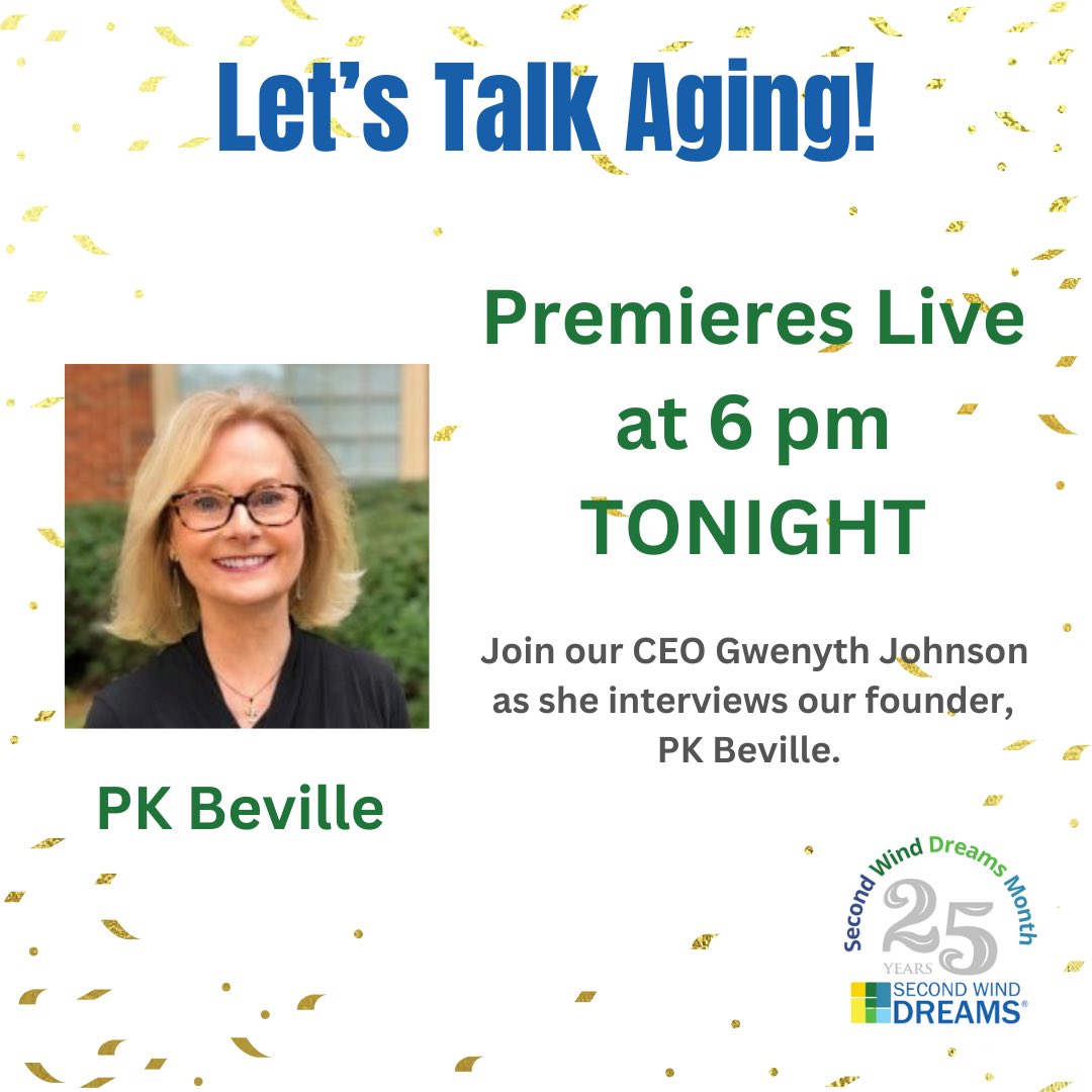 SecondWindDream's tweet photo. As we head towards the end of Second Wind Dreams Month, we have a special segment of Let’s Talk Aging with our founder, @PKBeville! Don’t miss out on this exclusive interview! Watch at https://t.co/0wzulUfmsD

#25thanniversary #insidescoop #aging #elders #eldercare #nonprofit https://t.co/kadbzSJcSv
