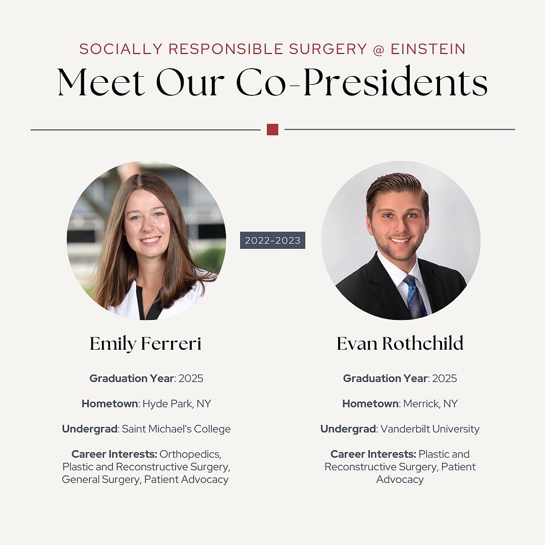 EinsteinSRS's tweet photo. We are so excited to start off the 2022-2023 academic year with our new executive board! 📚 Today we’re introducing our co-presidents Emily and Evan. 🩺🥼 Stay tuned for future posts introducing our other board members and upcoming events. #surgery #sociallyresponsiblesurgery https://t.co/ErInWv0tJe