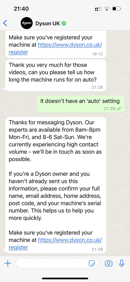 CFBobMcA's tweet photo. @Dyson why is it taking 31 hours (and counting) to organise a repair for my Handheld Dyson? Why are they asking the same questions? The WhatsApp service is an utter waste of time. https://t.co/vtvyWZvw6d