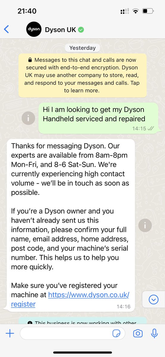 CFBobMcA's tweet photo. @Dyson why is it taking 31 hours (and counting) to organise a repair for my Handheld Dyson? Why are they asking the same questions? The WhatsApp service is an utter waste of time. https://t.co/vtvyWZvw6d