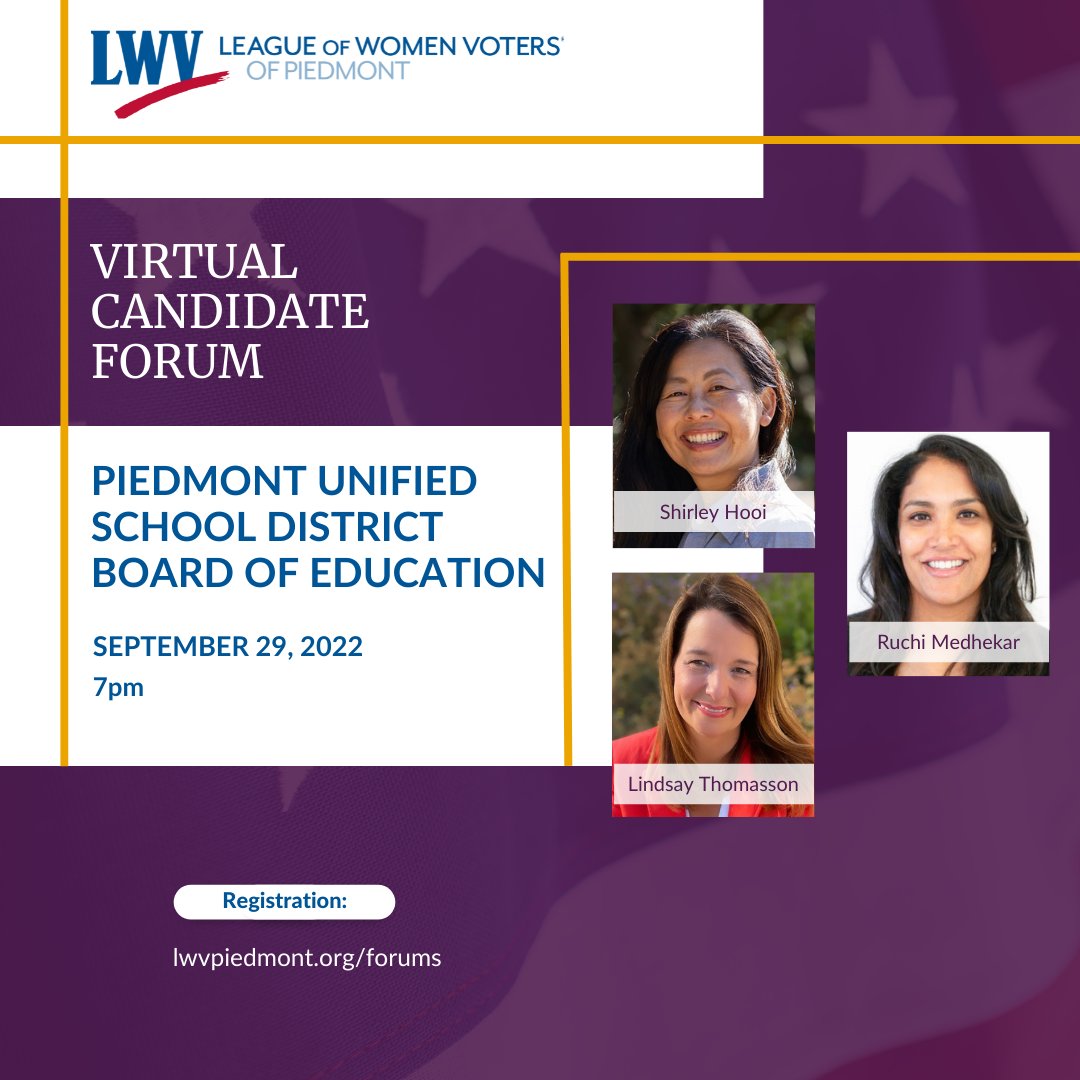 Join us tonight at 7pm to hear the candidates for PUSD Board of Education. Learn more and register to attend live: lwvpiedmont.org/content.aspx?p…